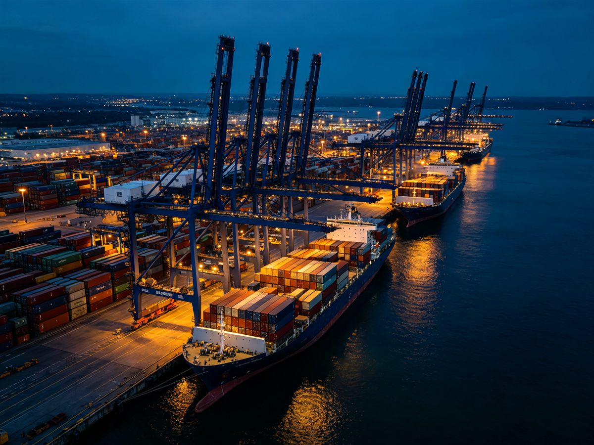 Container port logistics delivering power equipment worldwide